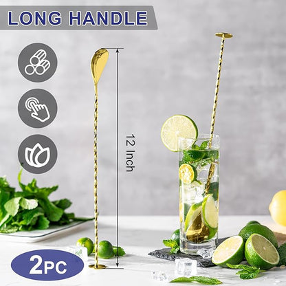 BRIOUT 2 Pcs Bar Spoon, 12 Inches Long Handle Drink Stirrer, Stainless Steel Bar Cocktail Mixing Spoons with Round Base for Stirring, Gold - Image 2