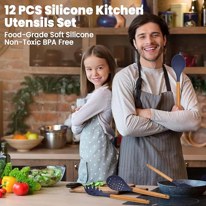 Kitchen Utensils Set - 12 Pcs Silicone Cooking Utensils Set with Wooden Handle - Heat Resistant Non-Stick BPA Free Spatula Set,Turner, Spoon, Brush, Silicone Kitchen Gadgets Utensil Set - Image 7