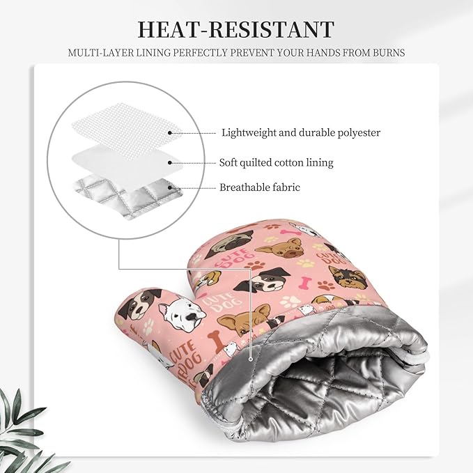 Cute Dog Oven Mitts and Pot Holders Set, Puppy Kitchen Accessories Heat Resistant to 500°F, Non-Slip Silicone Grips for Baking, Cooking, Grilling, BBQ - Gift for Dog Lovers