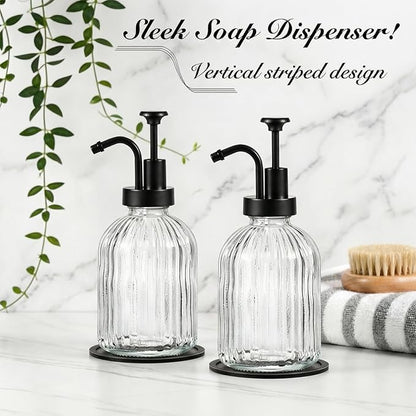SheeChung Clear Glass Soap Dispenser, 12 Oz Liquid Hand Soap Dispenser with Pump, Refillable Lotion Dish Soap Dispenser for Kitchen, Stripes Shampoo Bottle, Bathroom Countertop (Black Pump, 2 Pack)