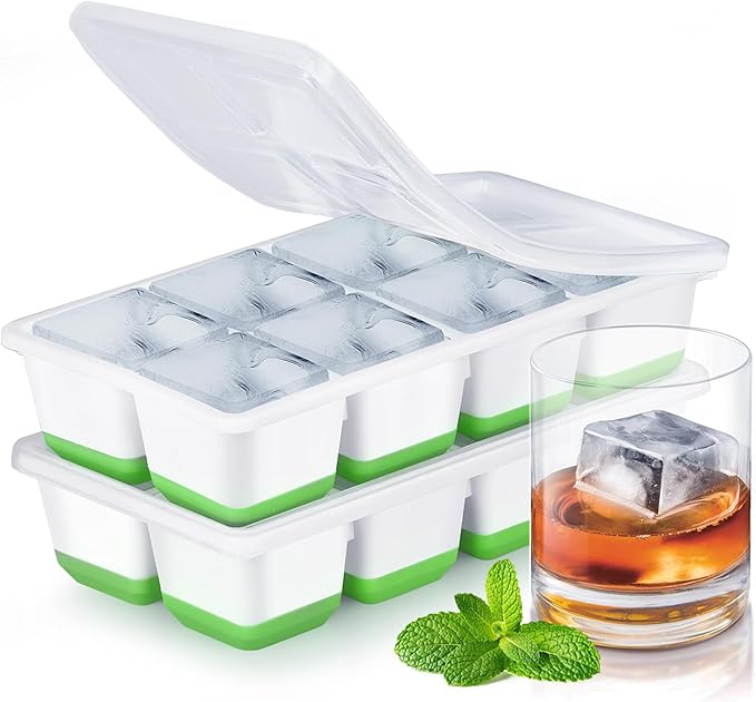 Large Ice Cube Trays with Lid, Jrisbo 2 Pack Stackable Silicone Ice Cube Molds for Freezer, Easy Release 16 Big Square Ice Trays for Whisky Cocktails by Jrisbo