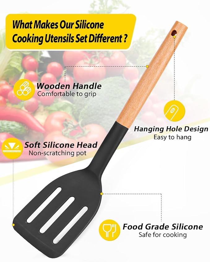 Pack of 4 Silicone Cooking Utensils Set, Non Stick Solid Spatulas and Heat Resistant Slotted Spoons with Wooden Handle, Ideal Wood Kitchen Utensils Set for Frying,Serving,Turning,Stirring (BLACK) - Image 2
