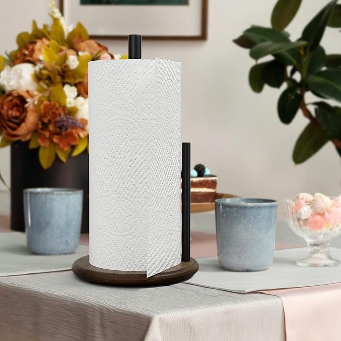 Paper Towel Holder Countertop with Real Wood Round Base, Farmhouse Paper Towel Holder Stand for Kitchen Dining Table Home Decor - Image 5