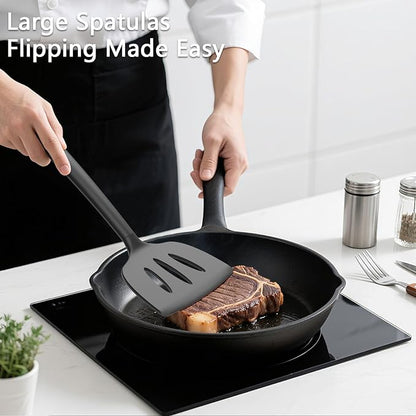 Coukre 3 Pack Silicone Spatula Set, High Heat Resistant, BPA-Free, Fish Spatula, Solid & Slotted Turner for Non-Stick Pans, Flipping Eggs, Pancakes, Fish, Burgers (3, PureBlack) - Image 3