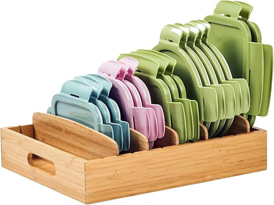 Umilife Kitchen Cabinet Organizer for Food Storage Container Lids, with Adjustable Dividers, Bamboo Drawer Caddy, Box for Kitchen Storage And Organization by Umilife