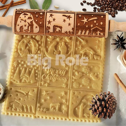 Christmas Embossed Rolling Pin for Baking Cookies Embossing Rolling Pins with Design Wooden Engraved Springerle Roller Pin Dough Patterned Clay Pottery Ceramic Bakers Women (Nativity Patterns)