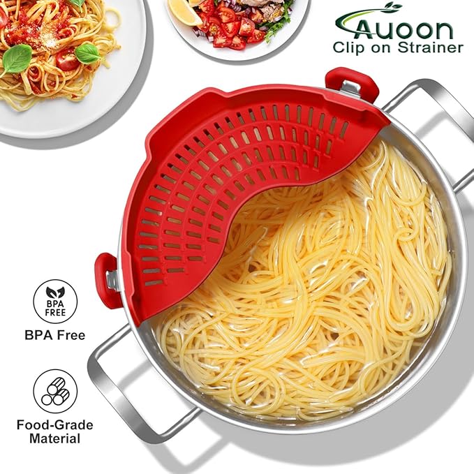 Large AUOON Clip on Strainer for All Pots and Pans - Oversized Silicone Pot Strainer Family-Style Design Pasta Strainer Kitchen Colander for Spaghetti and Noodles | Dishwasher Safe - Image 2