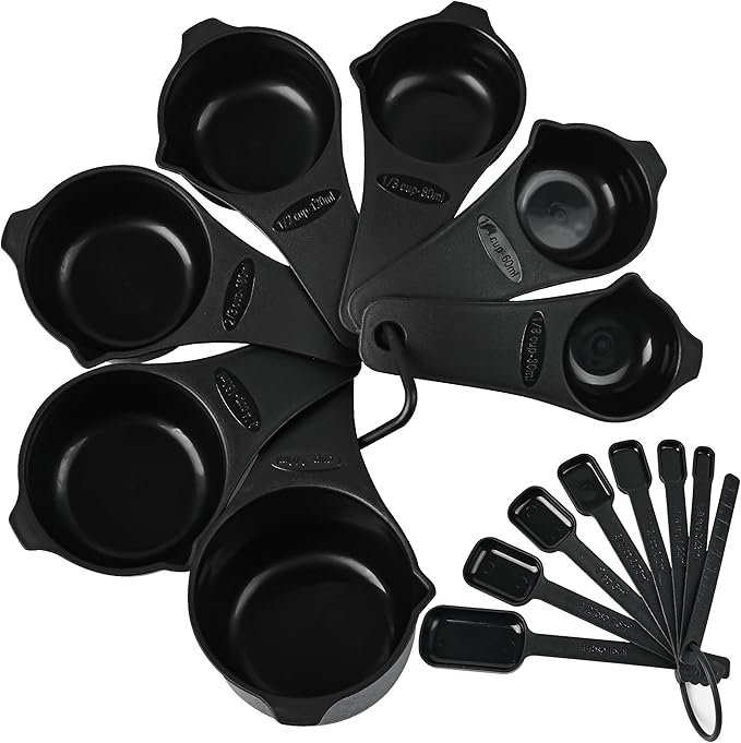 Measuring Cups and Spoons Set 15, Black Dry & Liquid Plastic Measuring Cups and Spoons, Metric & US 7 Measure Cups & 7 Measure Spoons for Kitchen & Baking