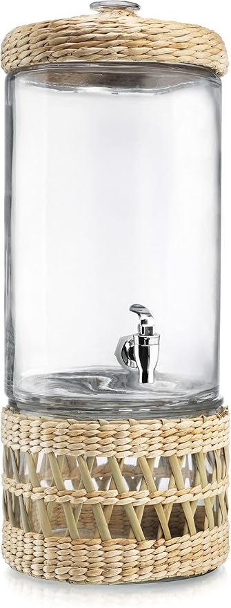 Merveille Glass Beverage Dispenser with Rattan Wrap, 2 Gallon Capacity, Leakproof Spigot, Decorative Stand, Glass Lid