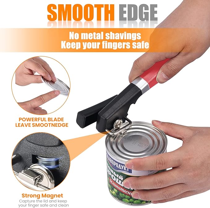 2 in 1 Safety Can Opener Manual Smooth Edge & Bottle Opener, No-Trouble-Lid-Lift Manual Can Opener with Magnet, Large Rubber Handle & Stainless Steel Blade, Side Cut Hand Can Opener for Kitchen (Red) - Image 3