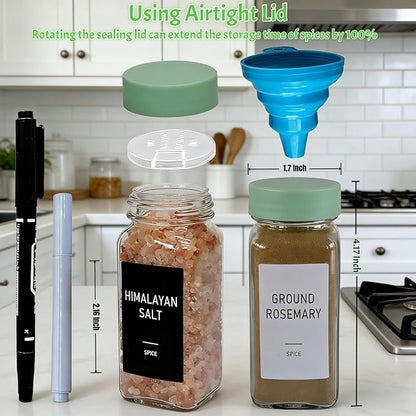 Spice Jars with Labels - 24 Glass Spice with Shaker Lids & Airtight Plastic Caps - 4oz Complete Seasoning Containers Organizer Set for Cabinet, Drawer & Rack (Light Green) - Image 5