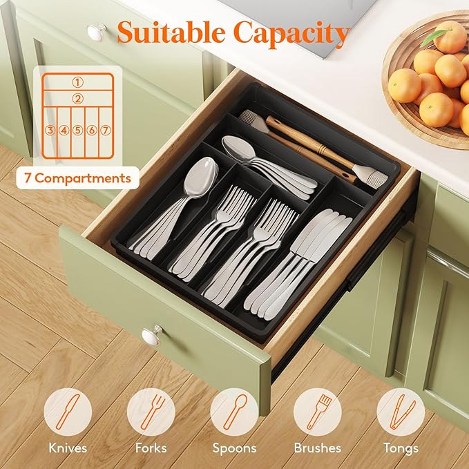 Lifewit Silverware Drawer Organizer Tray, Plastic Cutlery Storage for Kitchen, Flatware and Utensil Holder Divider for Spoons Forks Knives Tableware, 12.3 x 16", 7 Slots, Black - Image 4