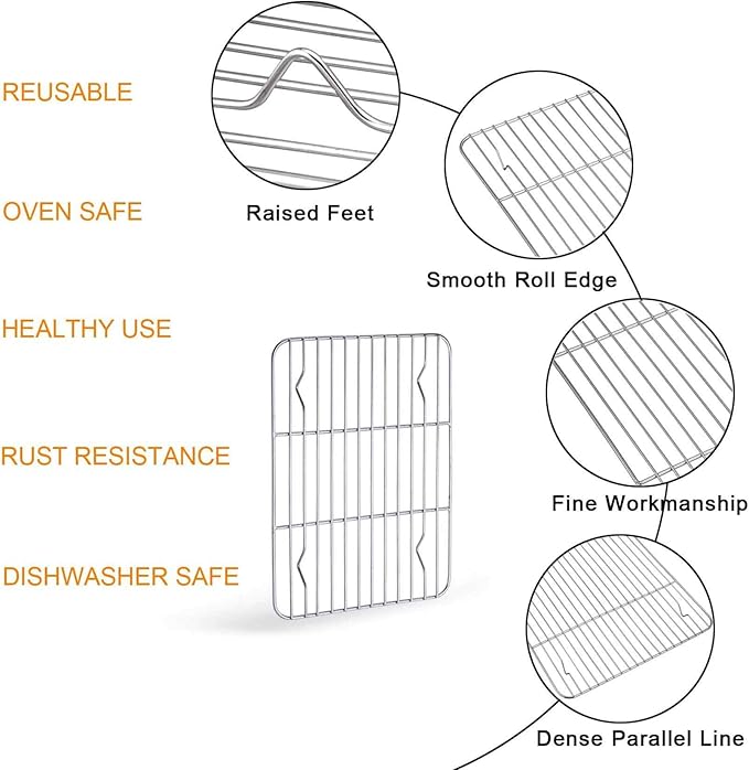 TeamFar 10.5’’ x 8’’ x 1’’ Toaster Oven Pan with Rack Set, Small Baking Pans Tray Stainless Steel with Cooling Rack Set of 4, Non-Toxic & Heavy Duty, Mirror Finish & Dishwasher Safe