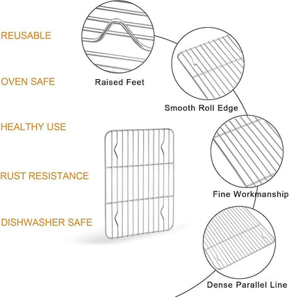 TeamFar 10.5’’ x 8’’ x 1’’ Toaster Oven Pan with Rack Set, Small Baking Pans Tray Stainless Steel with Cooling Rack Set of 4, Non-Toxic & Heavy Duty, Mirror Finish & Dishwasher Safe