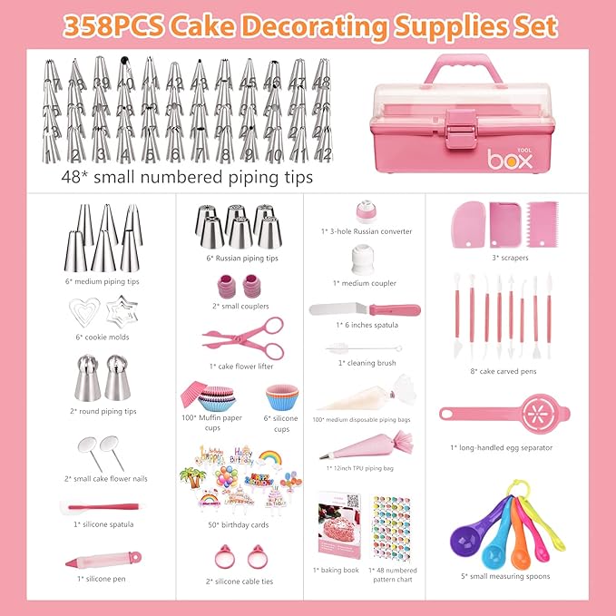 Cake Decorating Supplies Tools Kit: 358pcs Baking Accessories with Storage Case - Piping Bags and Icing Tips Set - Cupcake Cookie Frosting Fondant Bakery Set for Adults Beginners or Professional, Pink - Image 2