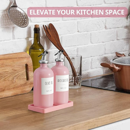 Olive Oil Dispenser Bottle for Kitchen, 16oz Glass Oil and Vinegar Dispenser Set with Wood Tray & 54 Labels - Coffee Syrup Dispenser - Pink Kitchen Decor and Accessories - Set of 2 - Image 4