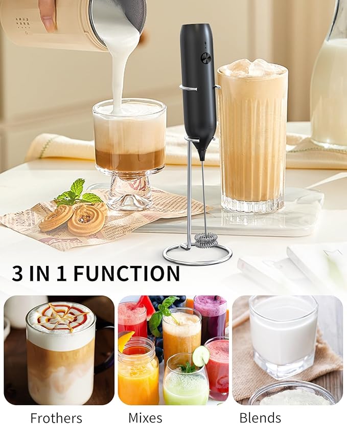 CIRCLE JOY Rechargeable Milk Frother Handheld with Stand, Double Coil Whisk Coffee Frother Wand Drink Mixer for Coffee, Cappuccino, Lattes, Frappe, Matcha and Hot Chocolate, Black - Image 6