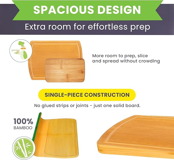 Extra Large Bamboo Cutting Board Set of 2 – Wood Cutting Boards for Kitchen with Glue-Free Surface™ & Juice Groove – Non-Toxic Wooden Chopping Boards, FSC-Certified, Durable Carving Boards - Image 3