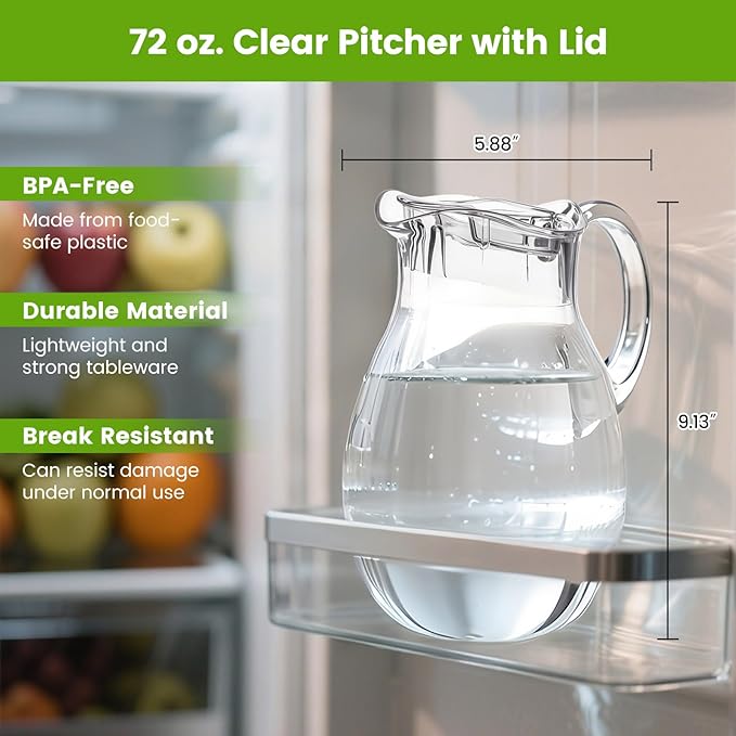 Small Clear Plastic Pitcher with Lid (72 oz), Unbreakable Water Pitcher with Handle, Fridge Jug, BPA-Free, Shatter-Proof, Great for Iced Tea, Sangria, Lemonade, Juice, Milk, and More - Image 4