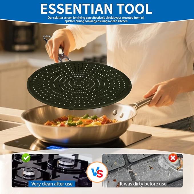 Splatter Screen Compatible with Hexclad,Heat Resistant Silicone with Folding Handle,Grease-Free Cooking,Dishwasher Safe,12.5 Inches,Black - Image 5
