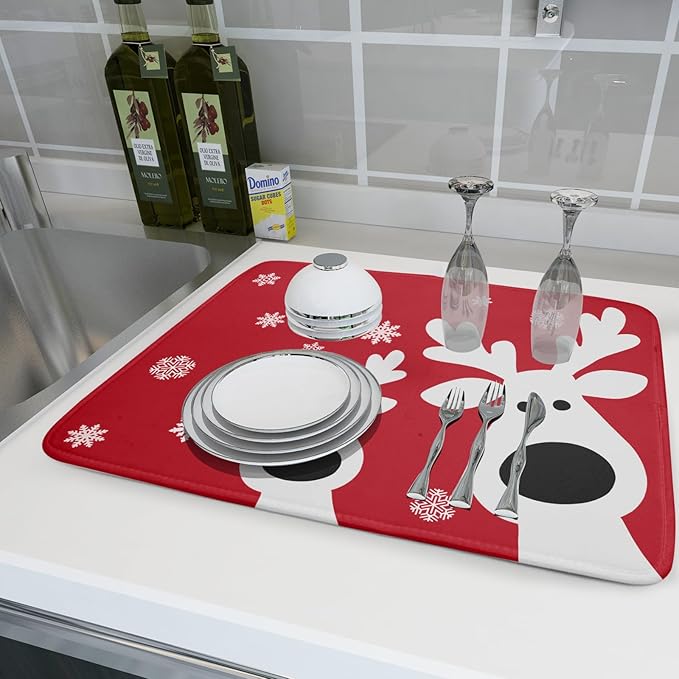Christmas Dish Drying Mat for Kitchen Counter Cute Reindeer Winter Microfiber Absorbent Dish Draining Reusable Washable Foldable Extra Large 18"x24" - Image 6