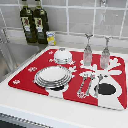 Christmas Dish Drying Mat for Kitchen Counter Cute Reindeer Winter Microfiber Absorbent Dish Draining Reusable Washable Foldable Extra Large 18"x24" - Image 6