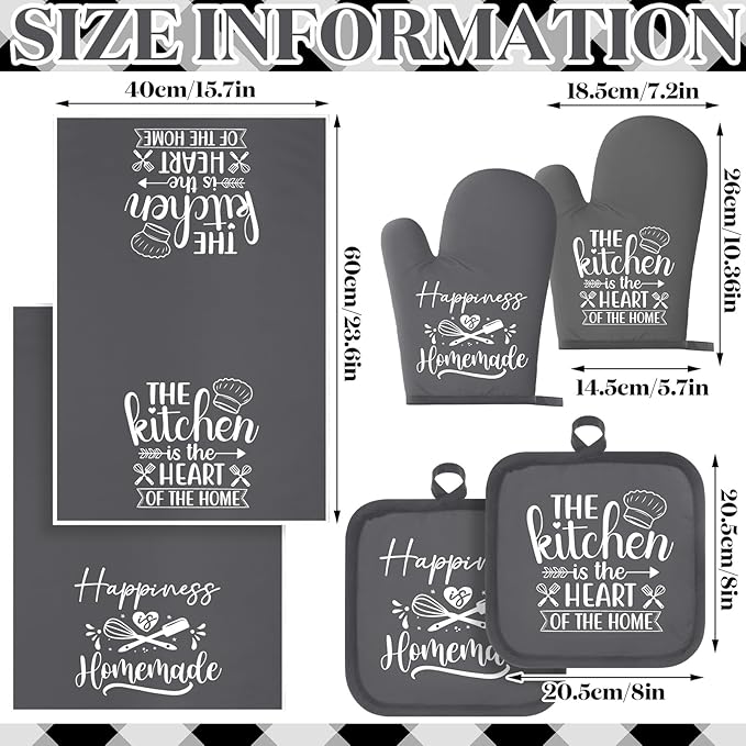 Sratte 6 Pcs Kitchen Decor Accessories Set Farmhouse Towels Pot Holders Oven Mitts Set 2 Dish Towels 2 Potholders 2 Cooking Mittens Oven Glove for Christmas Baking Cooking Supply(Dark Gray,Kitchen) - Image 4