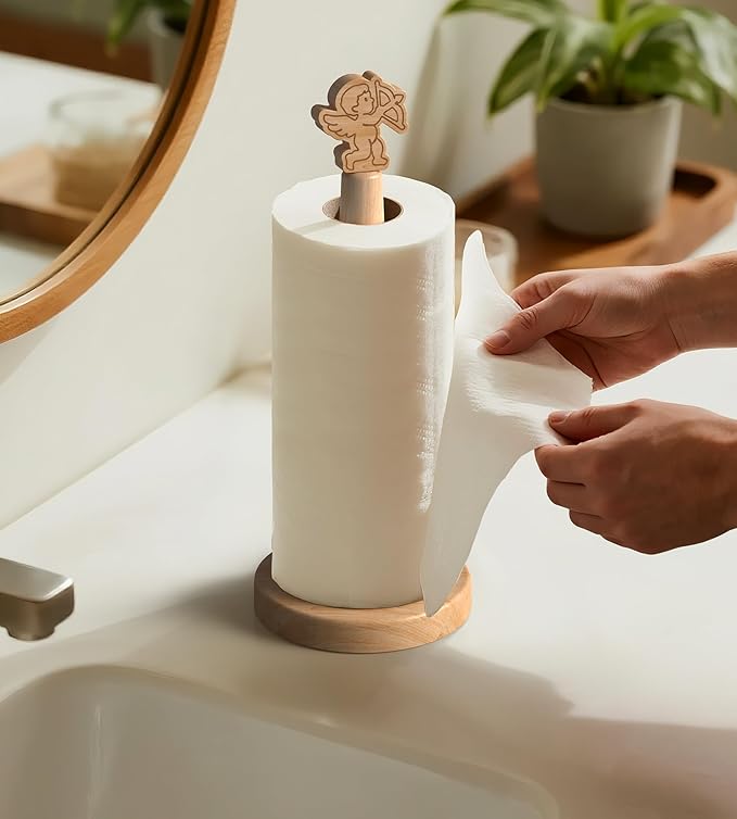 KitchLife Cute Wooden Paper Towel Holder Countertop - Solid Freestanding Paper Towel Dispenser Stand Organizer with Anti-Skid Base (Cupid) - Image 8