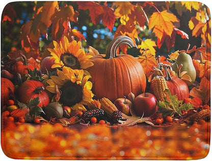 Fall Harvest Pumpkin Dish Drying Mat for Kitchen Counter,Thanksgiving Maple Leaves Sunflower Drying Mat 18 x 24 Inch with Absorbent Reversible Microfiber Dish Drying Pad for Coffee Bar by Anyako