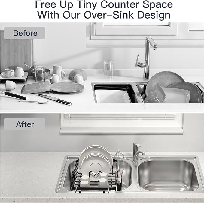 MAJALiS Expandable Stainless Steel Over The Sink Dish Drying Rack for Small Kitchen Counter Space Saving, Compact RV Plate Drainer Strainer in Black Wire Metal with Hanging Adjustable Utensil Holder - Image 2