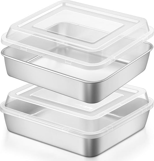 LIANYU 9 x 9 Inch Square Baking Pan, 2 Pack Stainless Steel Square Cake Pan Set with Lid, Metal Bakeware for Bread Lasagna Brownie, Dishwasher Safe & Easy Cleaning (2 Pans + 2 Lids)