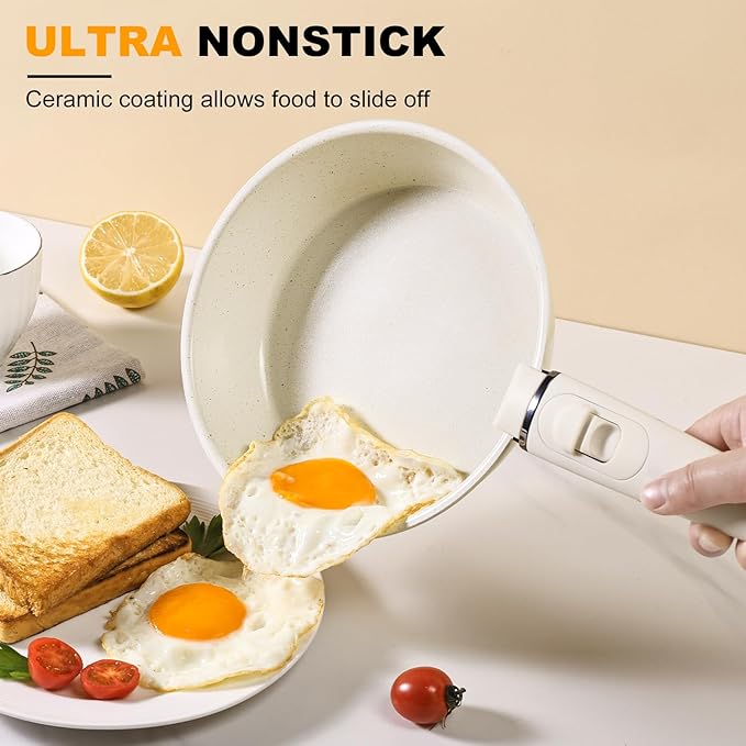 Pots and Pans Set Non Stick, Ceramic Cookware Set Nonstick Frying Pans 5 Pcs-Non Toxic PFAS/PFOA/PTFE Free, with Detachable Handle for RV Kitchen, Induction & Dishwasher Safe Cream White - Image 4