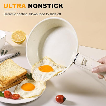 Pots and Pans Set Non Stick, Ceramic Cookware Set Nonstick Frying Pans 5 Pcs-Non Toxic PFAS/PFOA/PTFE Free, with Detachable Handle for RV Kitchen, Induction & Dishwasher Safe Cream White - Image 4
