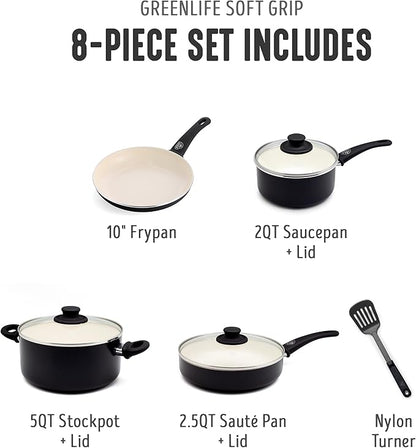 GreenLife 8 Piece Nonstick Cookware Set, Non-Toxic PFAS-Free Ceramic Pots & Pans, Dishwasher & Oven Safe, Frying, Sauce, Stock Pot, Glass Lids, Stay-Cool Handles, Wobble Free, Black