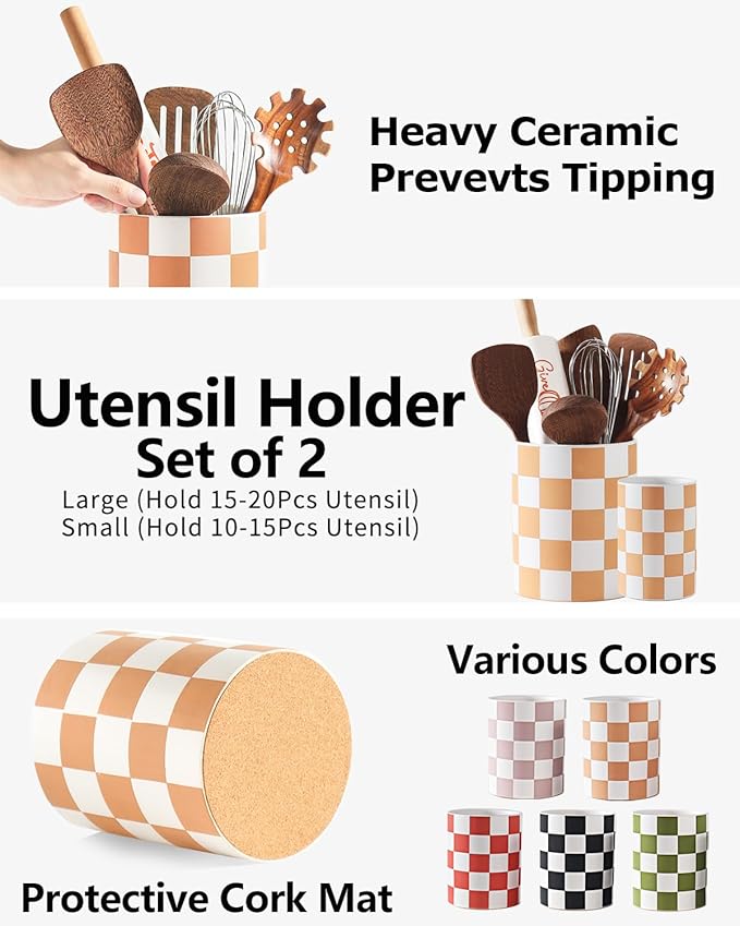 Utensil Holder，7.2 Inch Checkered Utensil Holder, Ceramic Cooking Utensil Spoon/Spatula Holder for Countertop, Kitchen Decor and Accessories, Brown - Image 3