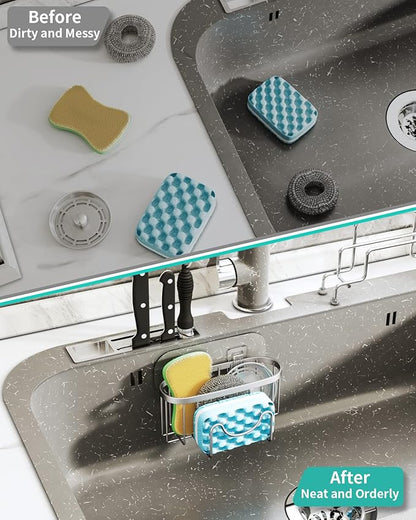 HapiRm Multifunctional Kitchen Sponge Holder with Unique M-Shaped, 2 Installation Ways Sink Caddy, Stainless Steel Kitchen Organizer for Sponge, Brush, Sink Stopper and Scraper -Brushed Nickel - Image 7