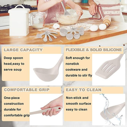 E-far Silicone Cooking Utensils Set, 24Pcs Heat Resistant Kitchen Utensil with Holder, Silicone Kitchen Tools with Spatula Turner Spoon Tongs Whisk, Non-Toxic & Dishwasher Safe (Khaki) - Image 4