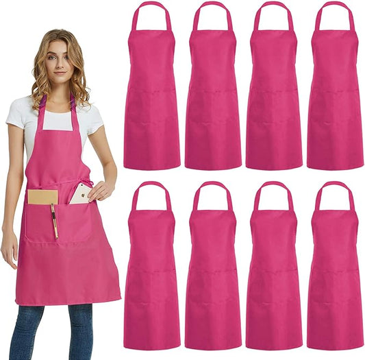 DUSKCOVE 8 Pack Bib Aprons Bulk - Unisex Pink Commercial Apron with 2 Pockets for Kitchen Crafting BBQ Drawing Cooking by DUSKCOVE