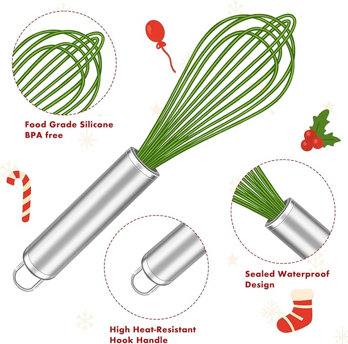 OYV Christmas Whisk Set – 3 Sizes (12”, 10”, 8”) – Holiday Red, Green & White Stainless Steel Whisks for Baking, Cooking & Mixing, Christmas Gift for Bakers & Home Chefs - Image 4