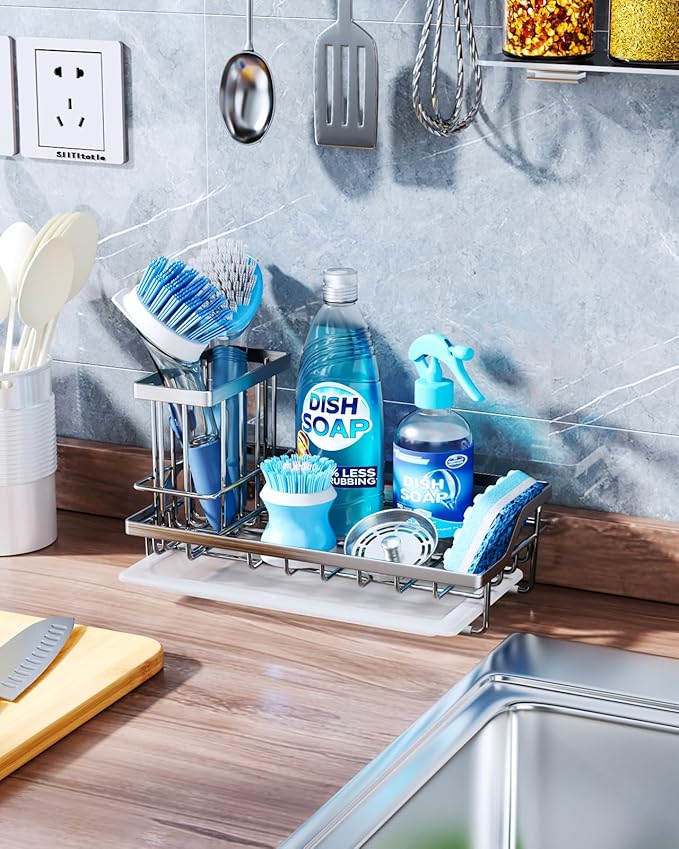 Consumest Sink Caddy, Kitchen Sponge Holder with Dish Brush Holder, Kitchen Sink Organizer with Drip Tray for Countertop Stainless Steel Rustproof, Silver-Large - Image 3