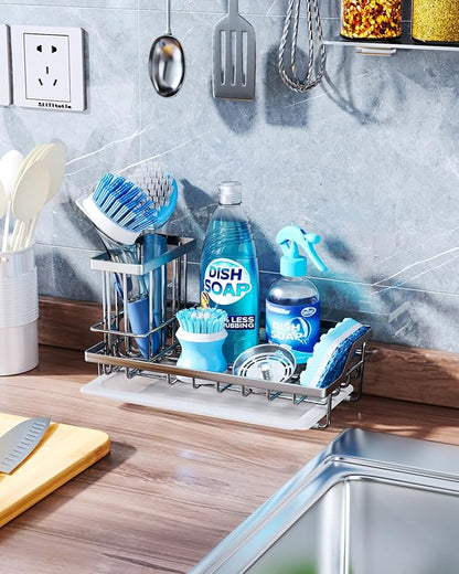 Consumest Sink Caddy, Kitchen Sponge Holder with Dish Brush Holder, Kitchen Sink Organizer with Drip Tray for Countertop Stainless Steel Rustproof, Silver-Large - Image 3