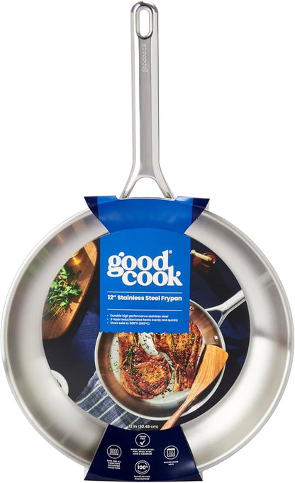 GoodCook Stainless Steel Fry Pan 12-Inch, Oven-Safe to 500F & Induction-Safe Compatible with All Stovetops 3-Layer Construction for Even Heating Non-Toxic PTFE & PFOA Free, Silver
