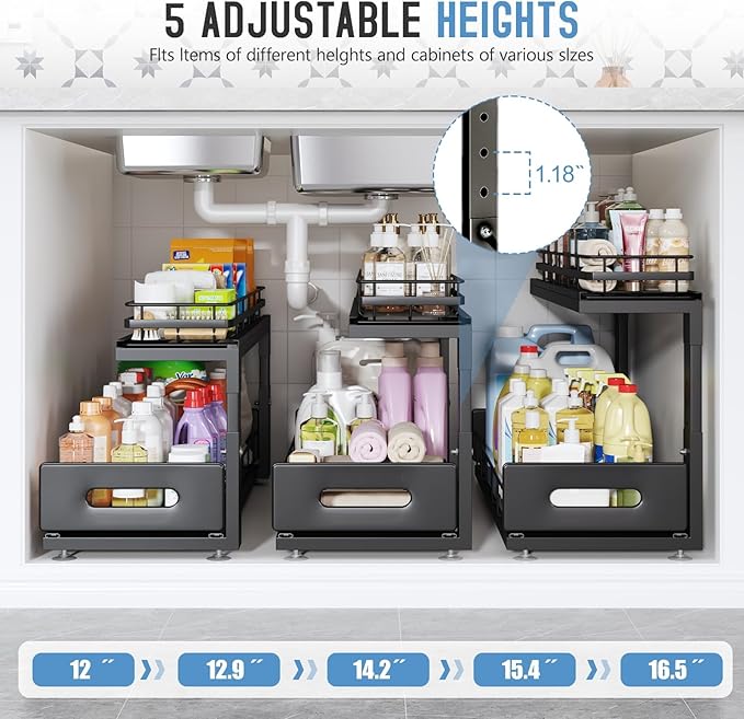 Under Sink Organizer Upgrade To Professional Rails,2-Tier Dual Pull Out Cabinet Storage,Height Adjustable Slide Out Drawers For Bathroom Kitchen,2 Pack-21"Dx12.8"-16.9"H,Black - Image 6