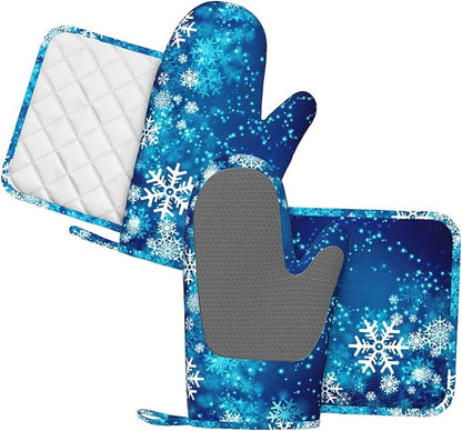 Oven Mitts and Pot Holders Blue Snowflake Winter Christmas Silicone Kitchen Accessories Set of 4 Heat Resistant Long Gloves Potholder Non-Slip Grip for Chef Cooking Baking Grilling BBQ