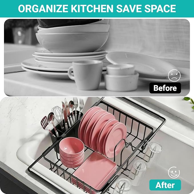 Sylfaen Expandable Over The Sink Dish Drying Rack, Stainless Steel Dish Rack in Sink, Kitchen Sink Drain Strainer with Utensil Holder & Cup Holders, Counter Space Saving & No Assembly Needed, Black