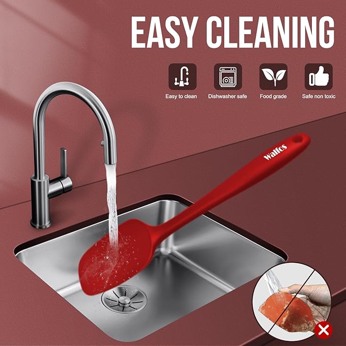 Walfos Silicone Spatula Set of 5-600°F Heat Resistant Kitchen Scraper Spatulas, Strong Steel Core and One-Pieces Seamless Design, Great for Cooking Mixing & Baking - BPA Free & Dishwasher Safe (Red) - Image 7