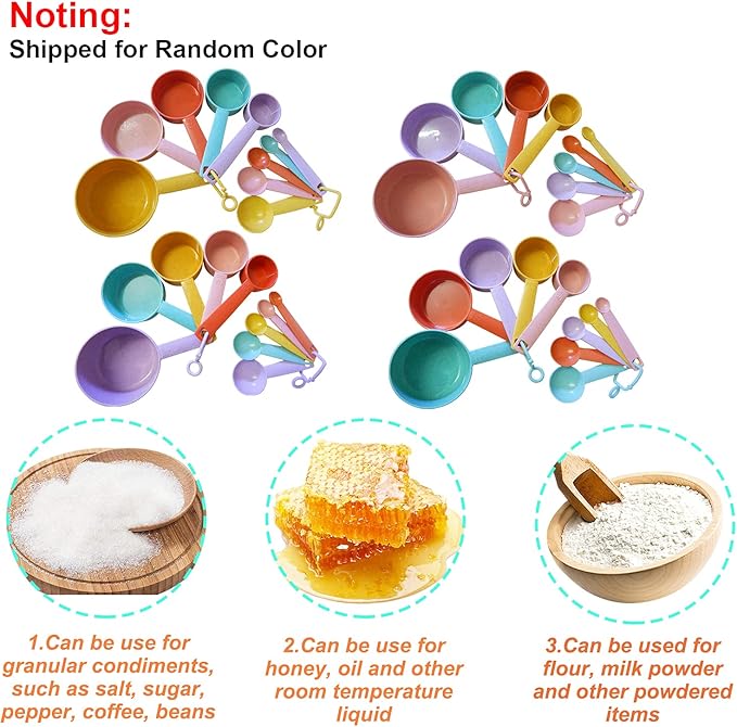 Plastic Measuring Cups and Spoons Set - 10 Pcs Colorful Kitchen Measuring Tool, Engraved Metric/US Markings Stackable Silicone Measure Cup for Liquid & Dry Measuring, Cooking & Baking, Random Color - Image 3