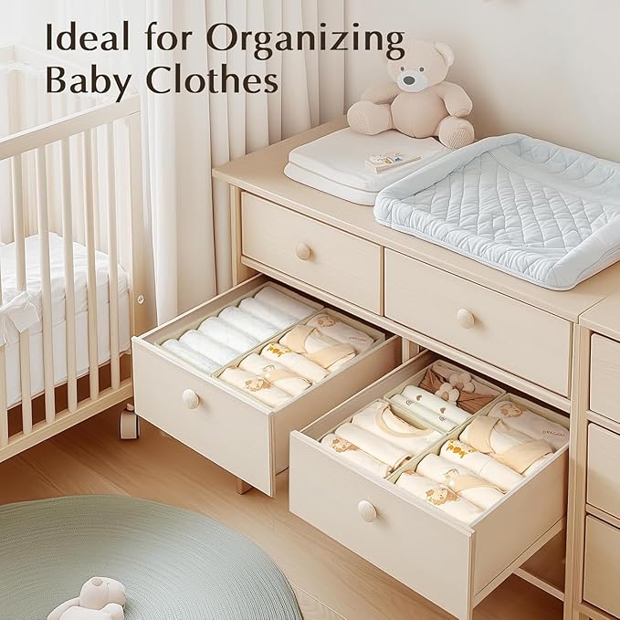 DIMJ Drawer Organizers Clothes, Set of 10 Dresser Organizer Bins, Fabric Closet Organizers and Storage, Shallow Drawer Dividers for Nursery, Clothing, Baby Clothes, Socks, Underwears, Tie (Beige) - Image 3