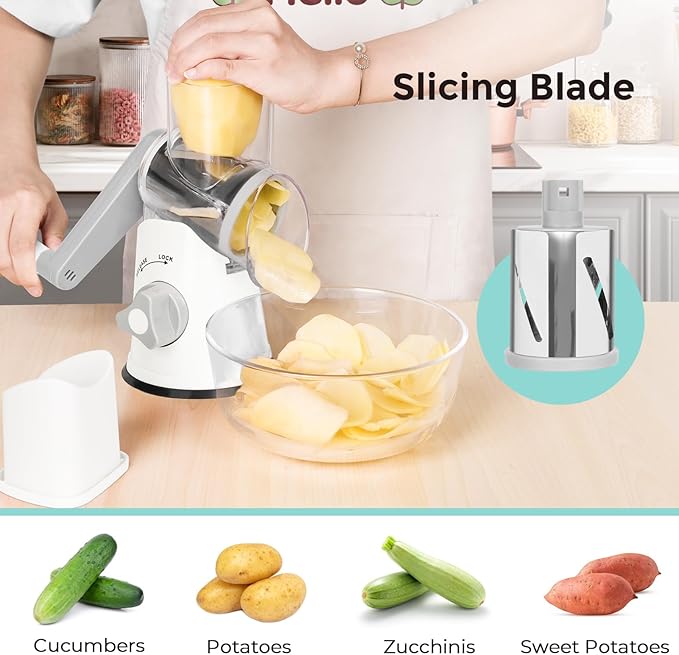 X Home Rotary Cheese Grater for Kitchen, Shredder with 3 Interchangeable Blades, Rotary Grater with Handle and Strong Suction Base, for Vegetables, Fruit, Nuts, Easy to Use and Clean, White - Image 2