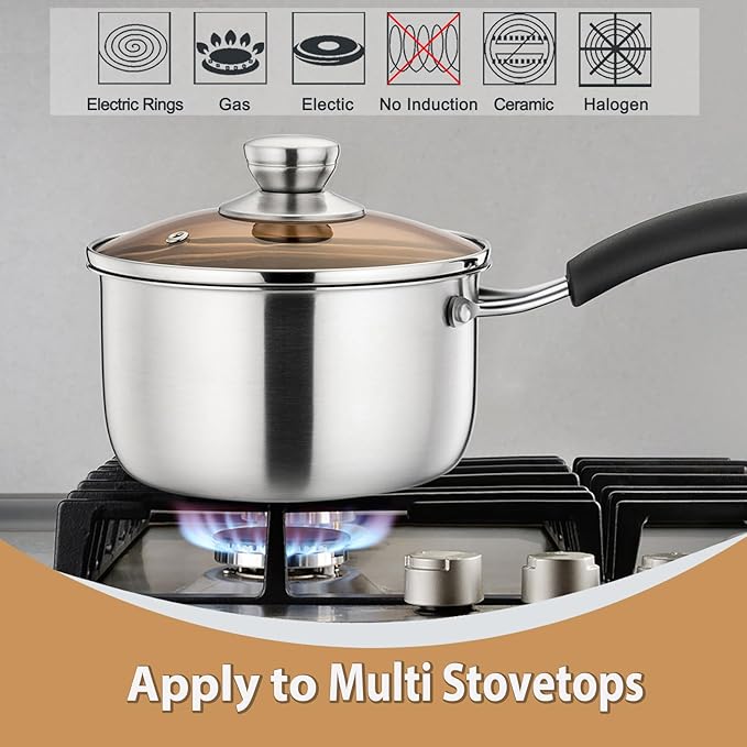 P&P CHEF 2 Quart Saucepan Small Pot, Stainless Steel Saucepan with Lid, Small Sauce Pan for Home Kitchen Restaurant Cooking, Visible Glass lid & Bakelite Heat-Proof Handles,Dishwasher Safe, 1 Pc - Image 3
